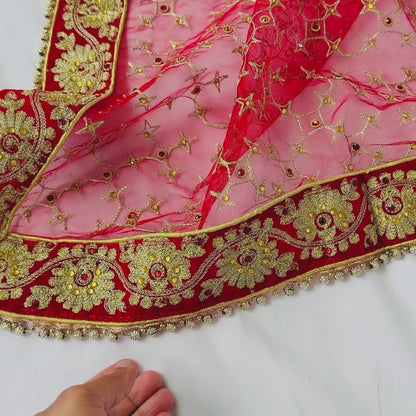 Red Bridal Net Dupatta for Lehenga | Heavy Embroidered Dulhan Dupatta | Indian Wedding Chunni | Bridal Veil with Gold Border | Bride Dupatta