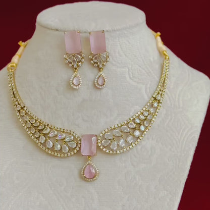 Blush Pink CZ Necklace Set for Women, Indian Wedding Jewelry Set, Gold Tone Statement Necklace, Bridal Party Jewelry, Pink Stone Earrings