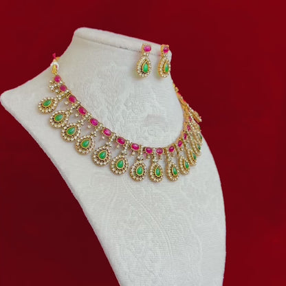 Emerald Green & Ruby Pink Stone Necklace Set, Gold Bridal Jewelry Set, Wedding Necklace, Statement CZ Necklace with Earrings, Festive wear