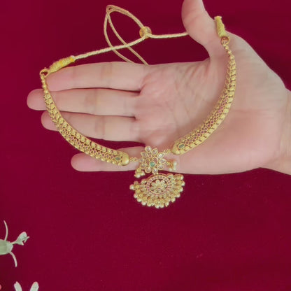 Antique Gold CZ Necklace Set with Jhumka Earrings, Pearl Hanging Pendant, Indian Bridal Jewelry, Ruby Green Choker, Wedding Set
