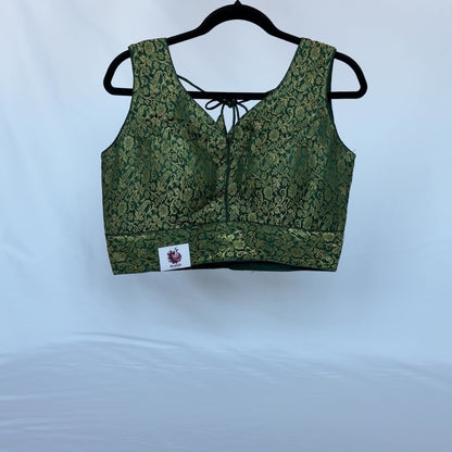 Emerald Green Brocade Blouse, Gold Designer Blouse, Padded Indian Blouse, Deep Back Ready to Wear Blouse, Wedding festive blouse, Crop top