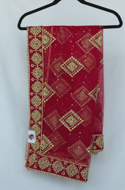 Red Bridal Net Dupatta with Heavy Embroidered Border | Wedding Chunni for Bride | Gold Zari & Sequin Work | Indian Dulhan Dupatta | Bridal Veil