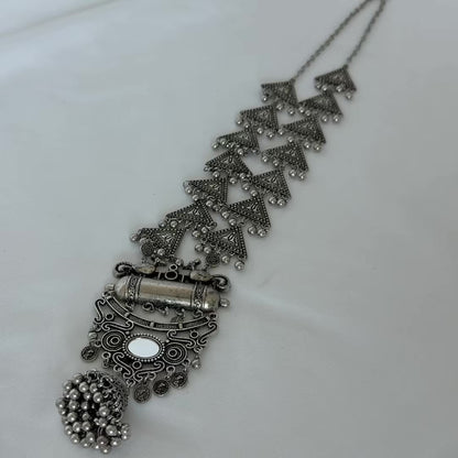 Oxidized Silver Long Necklace Set with Mirror Pendant & Jhumka Earrings, Tribal Statement Jewelry, Indian Boho Necklace Set
