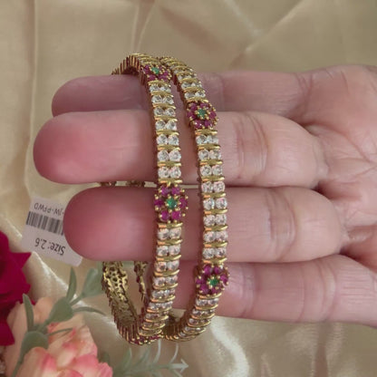 Elegant Gold Bangles Set with Ruby Emerald Floral Design | CZ Diamond Look Kada | Indian Wedding Bridal Jewelry | Gift for Her