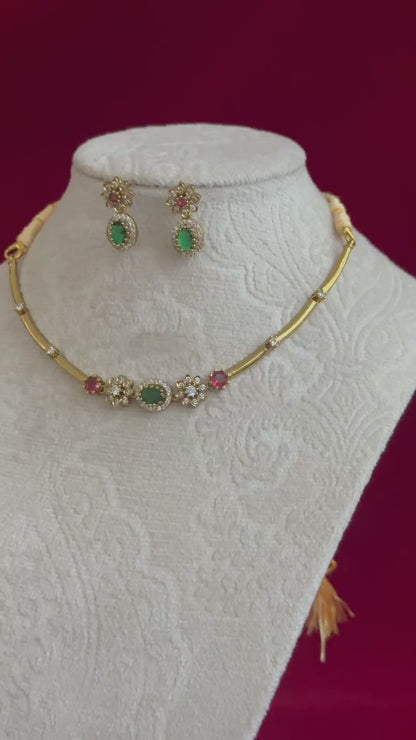 Emerald Green Pink Stone Necklace Set, Floral CZ Choker Necklace, Indian Wedding Jewelry Set, Gold Tone Party Wear Jewelry, Bridesmaid Gift