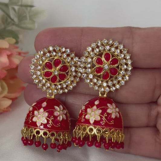 Red Kundan Jhumka Earrings, Floral Meenakari Jhumki, Indian Bridal Earrings, Gold Red Dome Earrings, Wedding Jewelry, Festive Ethnic Earring