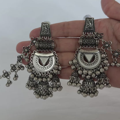 Oxidized Silver Jhumka Earrings with Long Chain, Traditional Indian Ghungroo Earrings, Tribal Boho Statement Jewelry, Garba Earrings, weddin