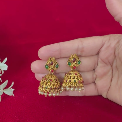 Antique Gold Jhumka Earrings, Traditional Temple Jhumki, Red Green Stone Pearl Jhumkas, Indian Bridal Earrings, Ethnic Festive Jewelry, Wedd