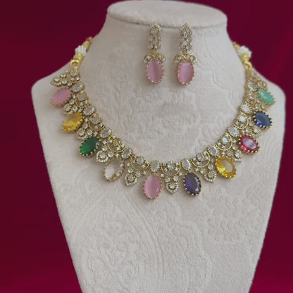 Multicolor Victorian Necklace Set for Women, Pastel Stone Statement Jewelry, Indian Wedding Necklace, CZ Party Wear Choker Set, Bridal Jewel