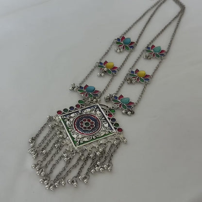 Oxidized Silver Necklace Set, Long Indian Statement Necklace, Colorful Lotus Jewelry, Ghungroo Pendant, Ethnic Boho Necklace Earrings,