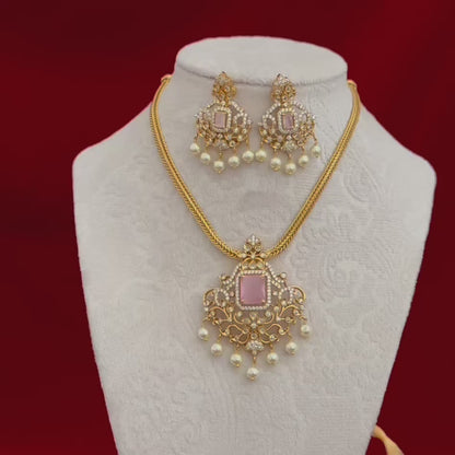 Pink Stone CZ Necklace Set for Women, Gold Tone Indian Pendant Necklace, Pearl Drop Earrings Set, Party Wear Jewelry, Wedding Guest Jewelry