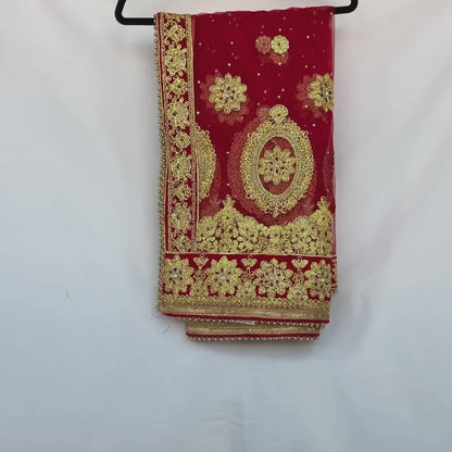 Bridal Red Net Dupatta with Heavy Zardozi Embroidery, Wedding Chunni, Dulhan Dupatta, Gold Lace Veil, Indian Bridal Dupatta