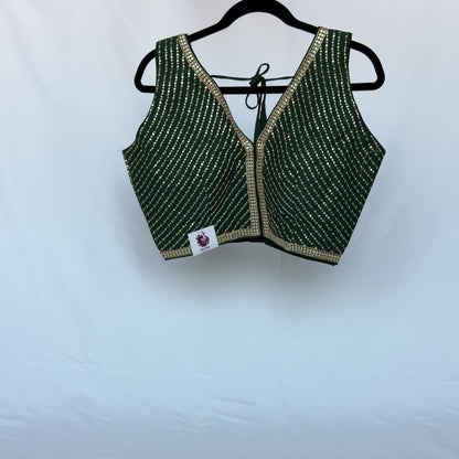 Green Saree Blouse, V Neck Zari Embroidered Blouse, Sleeveless Ready to Wear Indian Blouse, Wedding Festive Blouse, Crop top, lehenga