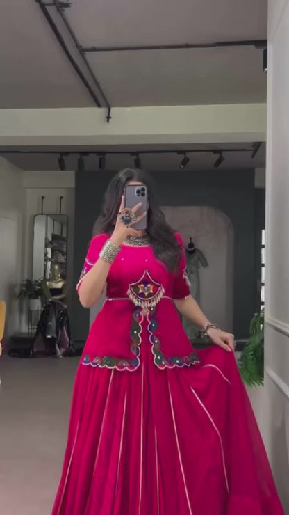 Navratri Lehenga Choli for Women, Pink Garba Chaniya Choli, Gamthi Mirror Work Blouse, Georgette Lehenga, Dandiya Indian Festival Outfit