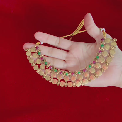 Temple Coin Necklace Set, Antique Gold Lakshmi Necklace, Red Green Stone Choker, South Indian Jewelry Set, Bridal Festive Necklace