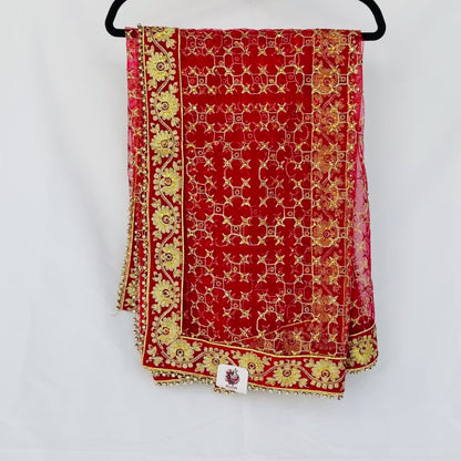 Red Bridal Net Dupatta for Lehenga | Heavy Embroidered Dulhan Dupatta | Indian Wedding Chunni | Bridal Veil with Gold Border | Bride Dupatta