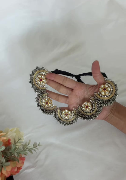 Oxidized Silver Gold Kundan Necklace Set, Indian Statement Jewelry, Navratri Garba Dandiya Necklace, Long Earrings, Tribal Boho Jewelry