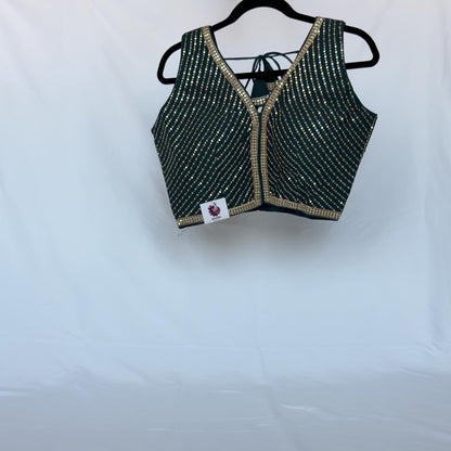Teal Green Saree Blouse, V Neck Zari Embroidered Blouse, Sleeveless Ready to Wear Indian Blouse, Wedding Festive Blouse,