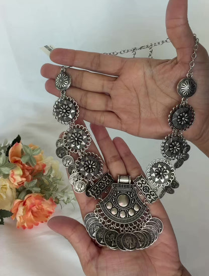 Oxidized Silver Coin Necklace Set with Earrings, Statement Indian Tribal Jewelry, Boho Ethnic Necklace, Navratri Garba Jewelry, Festival Gif