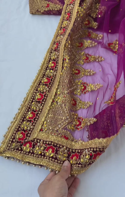 Purple Bridal Net Dupatta, Heavy Zardozi Wedding Dupatta, Dulhan Chunni, Designer Bridal Veil, Indian Wedding Lehenga Dupatta