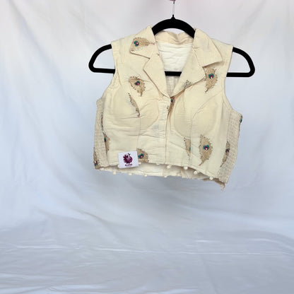 Khadi Cotton Embroidered Blouse, Ivory Peacock Sequin Work Saree Blouse, Stretchable Collar Neck Blouse, Ready to Wear Indian Blouse, Crop t