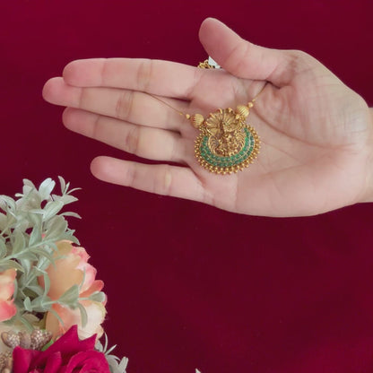 Lakshmi Temple Jewelry Set Antique Gold Necklace with Earrings | South Indian Goddess Pendant Green Stone Chain | Festival Wedding Jewelry G