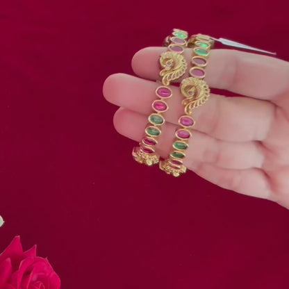 Gold Peacock Bangles Set of 2, Pink Green Stone Kada Bracelet, Traditional Indian Jewelry, Wedding Bangles, Festive Ethnic Jewelry Gift