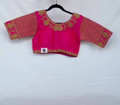 Rani Pink Jacquard Saree Blouse with Gold Embroidery, Designer Indian Blouse, Readymade Silk Blouse, Wedding Festive Blouse, Lehenga blouse