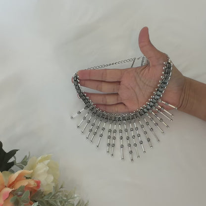 Oxidized Silver Statement Necklace, Tribal Indian Jewelry, Boho Long Stick Necklace, Navratri Garba Jewelry, Ethnic Festival Necklace