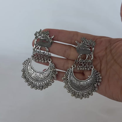 Oxidized Silver Deer Chandbali Earrings, Statement Indian Jhumka Earrings, Tribal Boho Jewelry, Ghungroo Dangle Earrings, Ethnic Wedding Jewelry