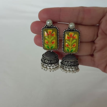Hand Painted Mustard Green Jhumka Earrings, Oxidized Silver Floral Earrings, Pearl Drop Indian Earrings, Boho Statement Jewelry, Navratri Ea