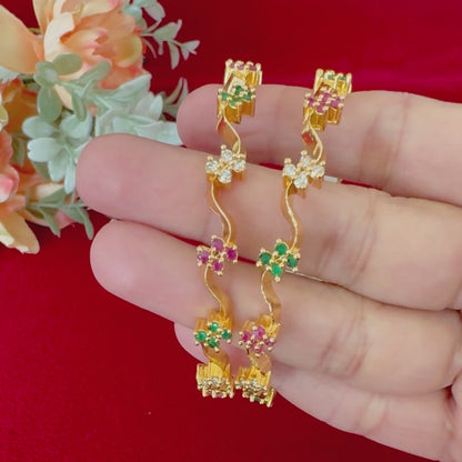 Elegant Multicolor Floral Gold Bangles Set, Designer Twist Kada, CZ Stone Indian Bangles, Wedding Festival Bangles, Traditional 2 Pc Bangle Set