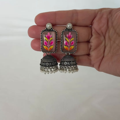 Oxidized Silver Hand Painted Mauve Floral Jhumka Earrings, Pink Flower Statement Earrings, Pearl Beaded Indian Earrings, Ethnic Jewelry