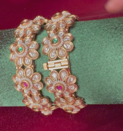 Handcrafted Kundan Floral Openable Kada | Gold-Tone Indian Bangle with Ruby & Emerald Stones