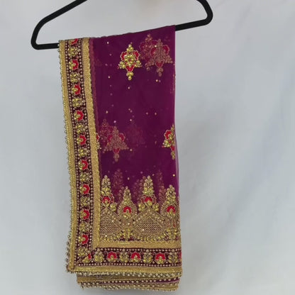 Purple Bridal Net Dupatta, Heavy Zardozi Wedding Dupatta, Dulhan Chunni, Designer Bridal Veil, Indian Wedding Lehenga Dupatta