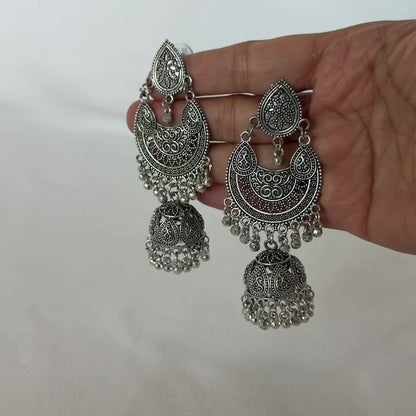 Oxidized Silver Chandbali Jhumka Earrings, Long Indian Statement Earrings, Traditional Ethnic Jewelry, Boho Dangle Earrings for Women