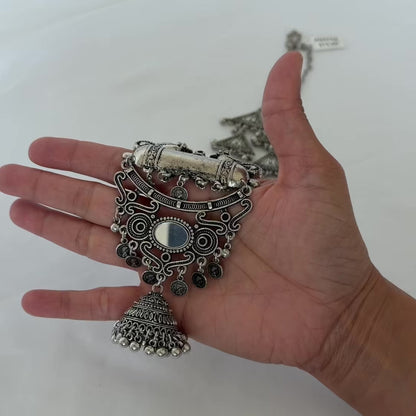 Oxidized Silver Long Necklace Set with Mirror Pendant & Jhumka Earrings, Tribal Statement Jewelry, Indian Boho Necklace Set