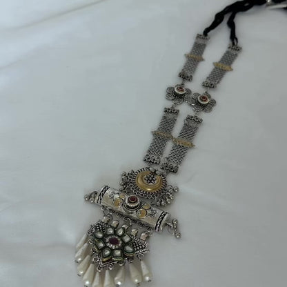 Oxidized Silver Long Necklace Set with Statement Pendant, Dual Tone Tribal Jewelry, Pearl Drop Earrings, Boho Indian Necklace, Festive Jewel
