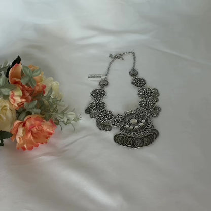 Oxidized Silver Coin Necklace Set with Earrings, Statement Indian Tribal Jewelry, Boho Ethnic Necklace, Navratri Garba Jewelry, Festival Gif