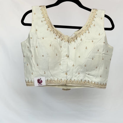 Ivory Jacquard Saree Blouse, Gold Embroidered Designer Blouse, Deep Back Neck Blouse with Latkan, Ready to Wear Indian Blouse, Crop top
