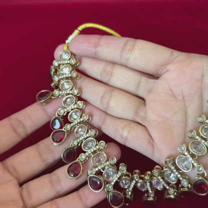 Maroon Kundan Necklace Set with Earrings & Maang Tikka, Indian Bridal Jewelry Set, Gold Tone Kundan Wedding Necklace, Traditional Jewelry