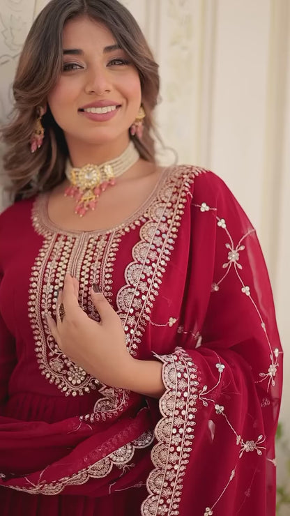 Maroon Embroidered Gown with Dupatta | Fully Stitched Anarkali Style Dress | Indian Ethnic Wear for Weddings & Parties
