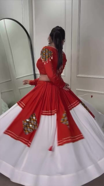 Navratri Lehenga Choli for Women, Orange White Garba Chaniya Choli, Gamthi Patchwork Lehenga, Kutchi Style Dandiya Raas Outfit