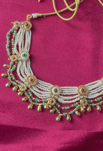 Elegant Multi Layer Pearl Choker Set with Jhumka Earrings | Antique Gold Indian Wedding Jewelry | Traditional Necklace Set | Bridal Necklace