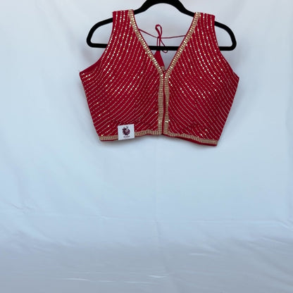 Bright Red Saree Blouse, V Neck Zari Embroidered Blouse, Sleeveless Ready to Wear Indian Blouse, Wedding Festive Blouse, Crop top, lehenga t