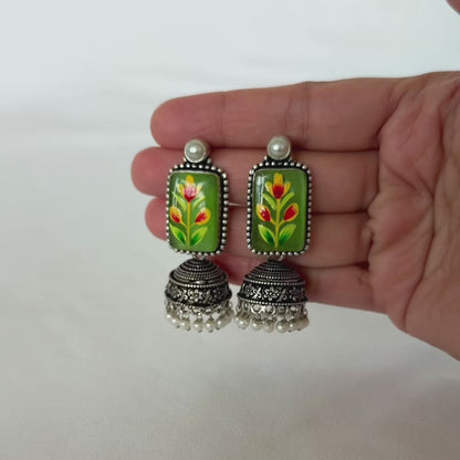Green Oxidized Silver Handpainted Jhumka Earrings, Floral Indian Earrings, Pearl Drop Earrings, Ethnic Festive Jewelry, Oxidized earrings