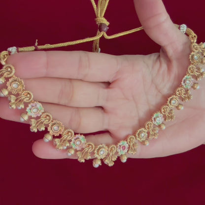 Majak Necklace Set | Antique Gold Floral Necklace Set | Pearl Drop Choker Necklace | Traditional Indian Jewelry | Wedding & Festive wear