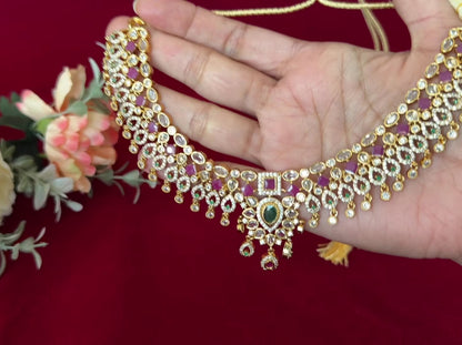 Kemp Stone Necklace Set, Ruby Green Indian Jewelry with Earrings, Traditional Bridal Necklace, South Indian Wedding Jewelry, Ships from USA