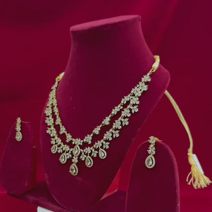 Diamond Look Bridal Necklace Set, Double Layer CZ Floral Necklace with Teardrop Drops, Indian Wedding Jewelry, Party Wear Set