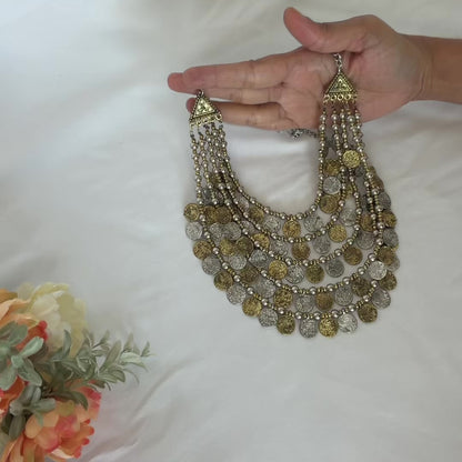 Oxidized Silver Gold Coin Necklace Set, 5 Layer Indian Statement Necklace with Earrings, Navratri Garba Jewelry, Tribal Boho Ethnic Jewelry